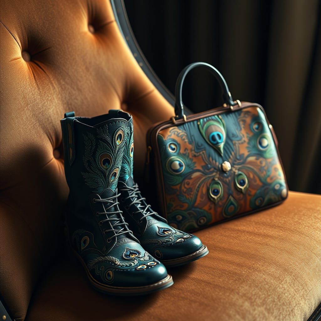 Elegant Peacock-Inspired Boots and Purse in Hyperrealistic D...