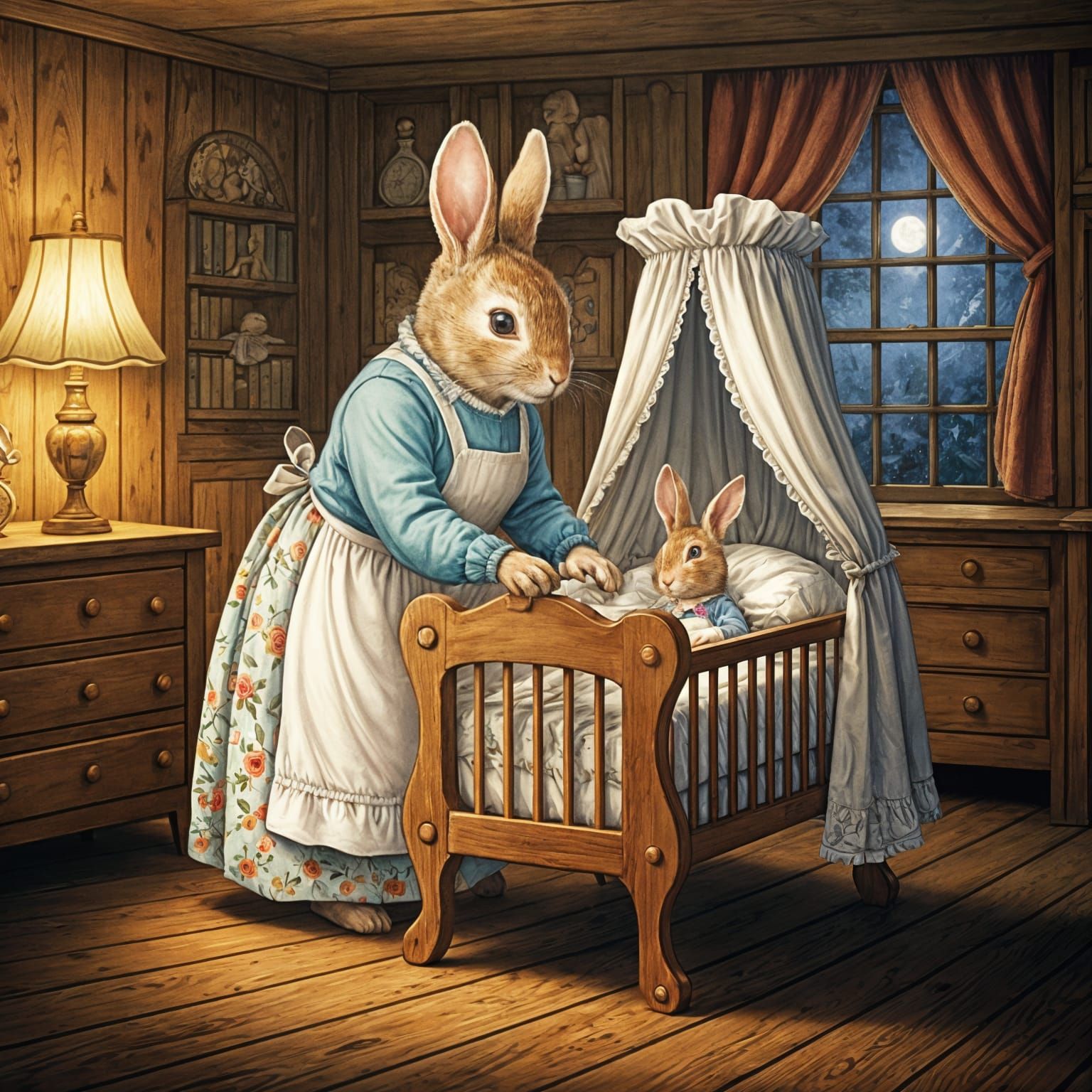 Mother Rabbit Tucks Peter Rabbit into Bed in a Cozy Nursery