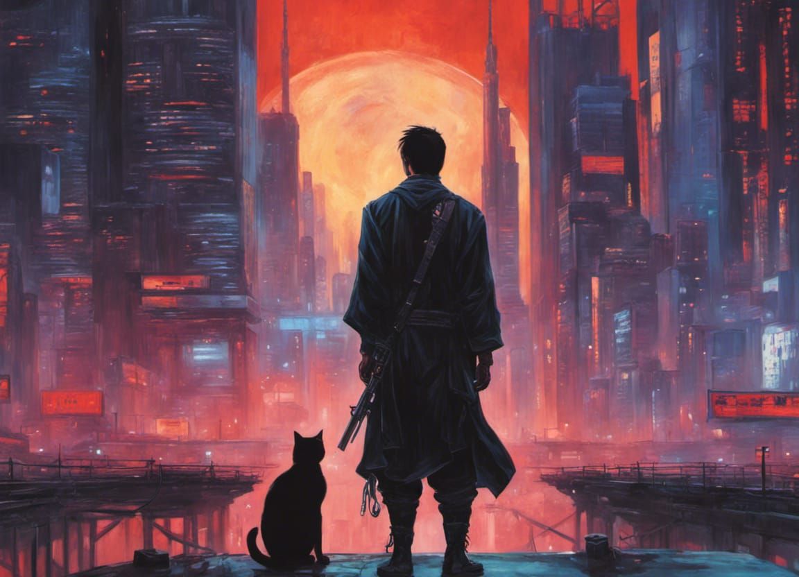 JUBEI & HIS CAT LOOK UPON A DYSTOPIAN CITY