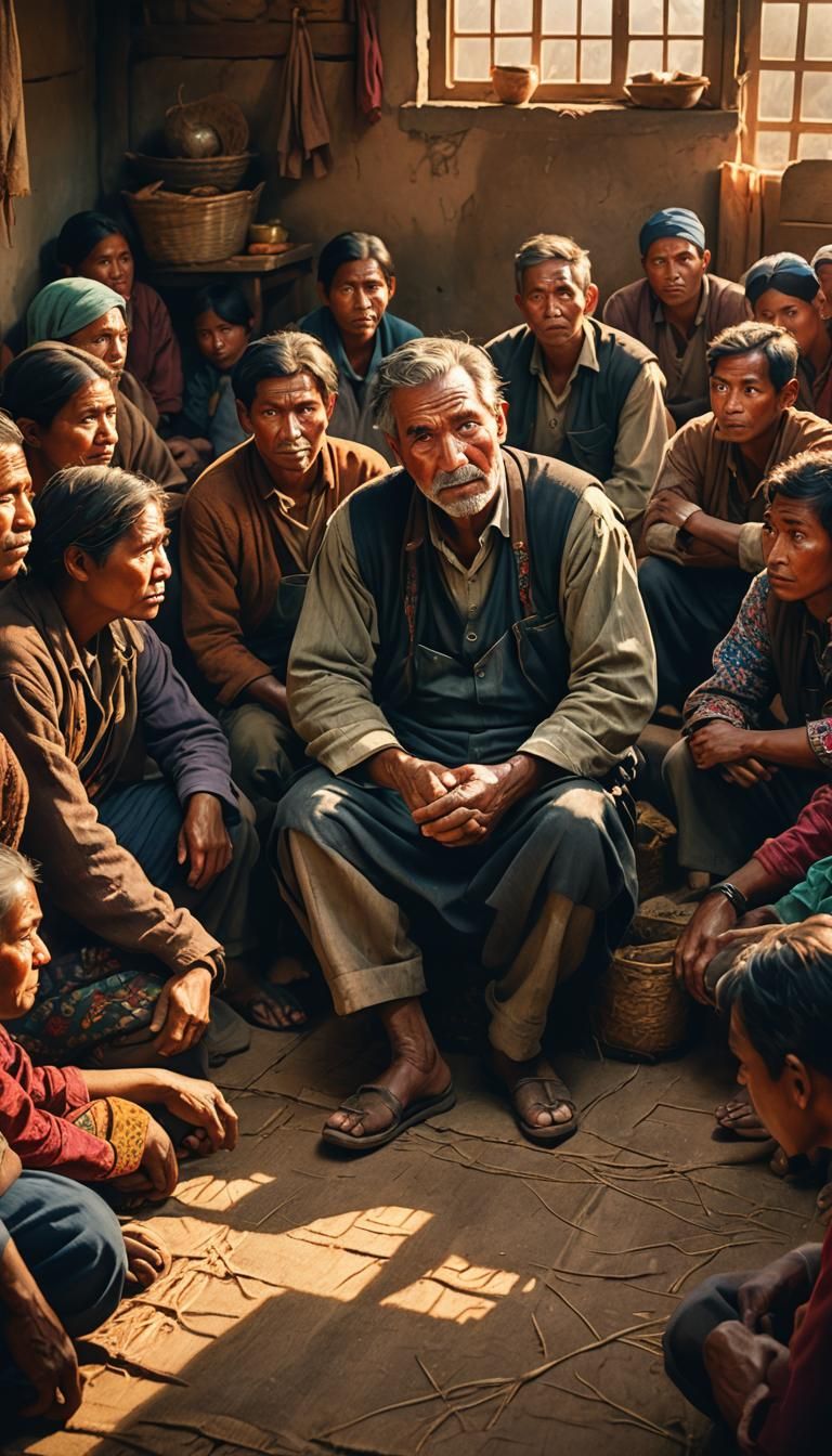 Angry Farmer at Village Meeting in Hyperrealistic Style