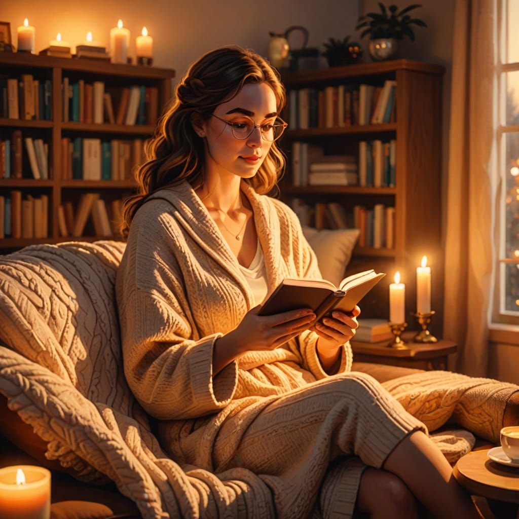 Cozy Digital Art: Woman Reading with Coffee