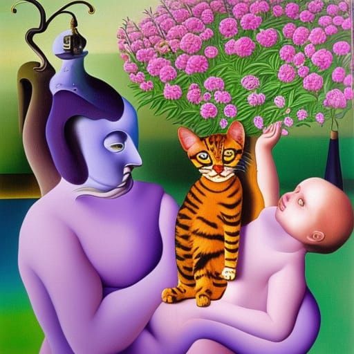 Surrealist Cat-Human Mother with Babies in Garden