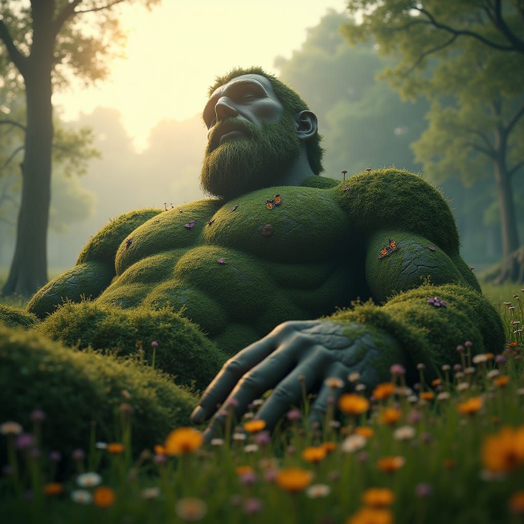 Moss-Covered Giant God Sleeping in Overgrown Meadow