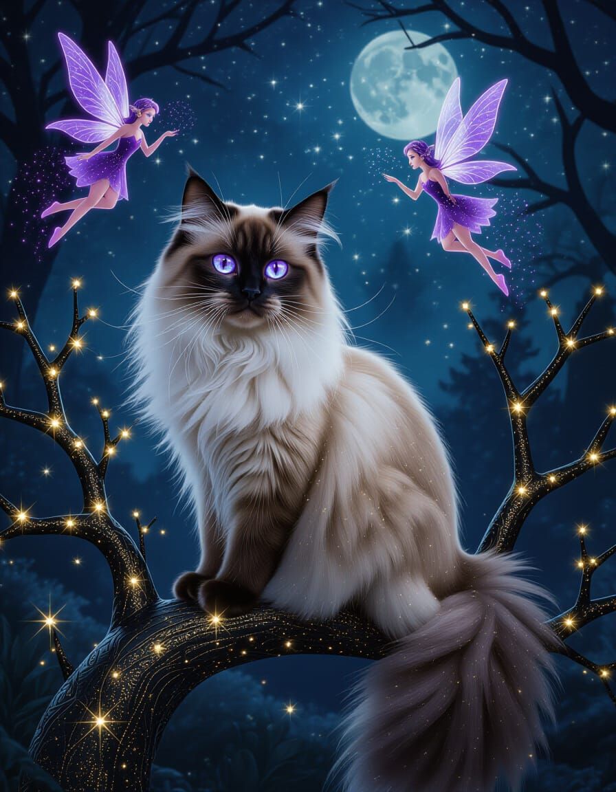 Diamond-Encrusted Cat in Mystical Forest