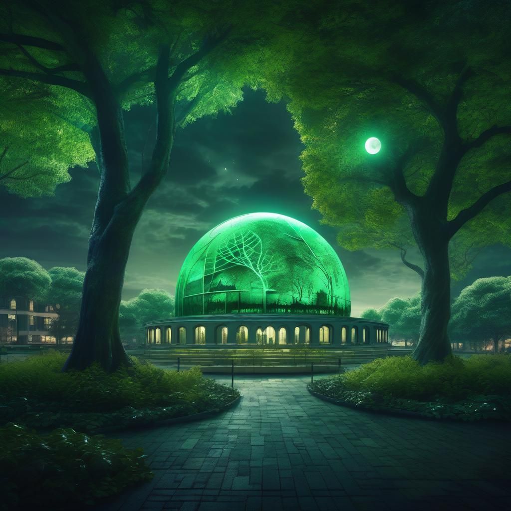 Biopunk trees green illuminescence leaves planted on the dar...