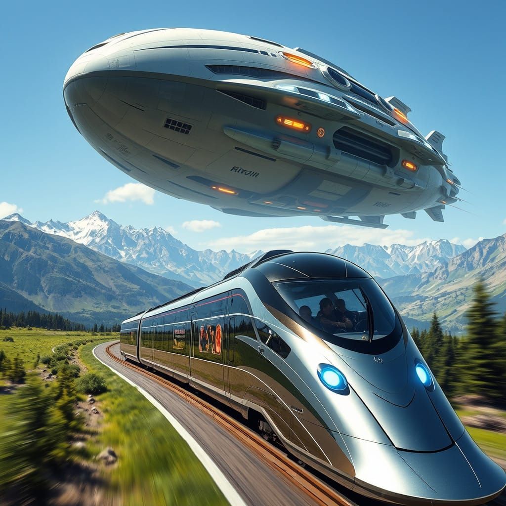 Sleek Futuristic Train Speeds Through Majestic Mountain Land...