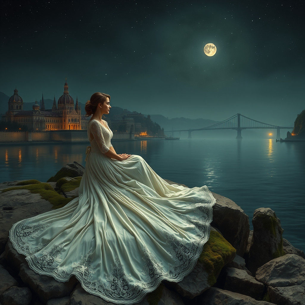 Elegant Woman by River Under Starry Night