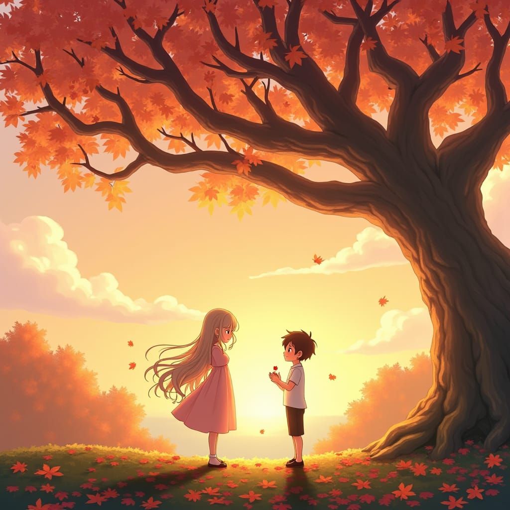 Anime Scene: Girl, Boy, Autumn Leaves in Golden Light