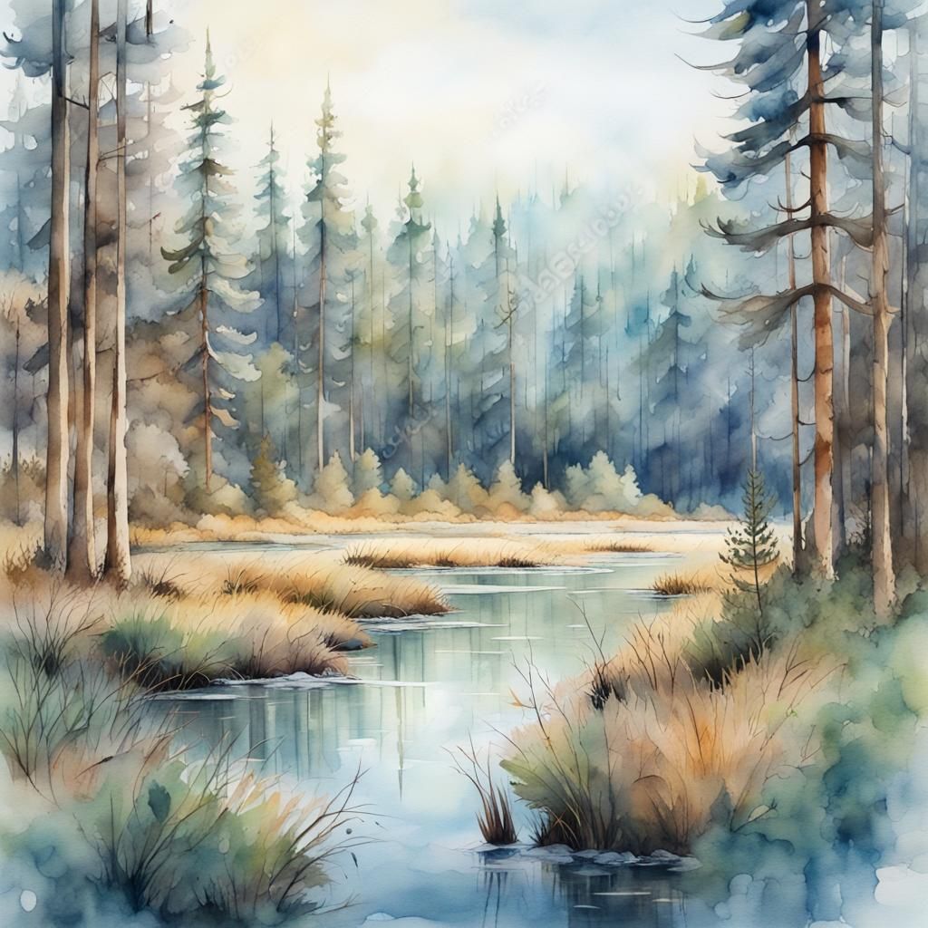 Taiga Coniferous Wetland Forest, Expansive View, Hyper Detai...