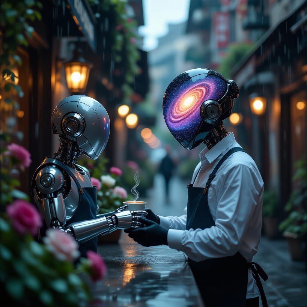 Surreal Cyberpunk Cafe Scene with Barista