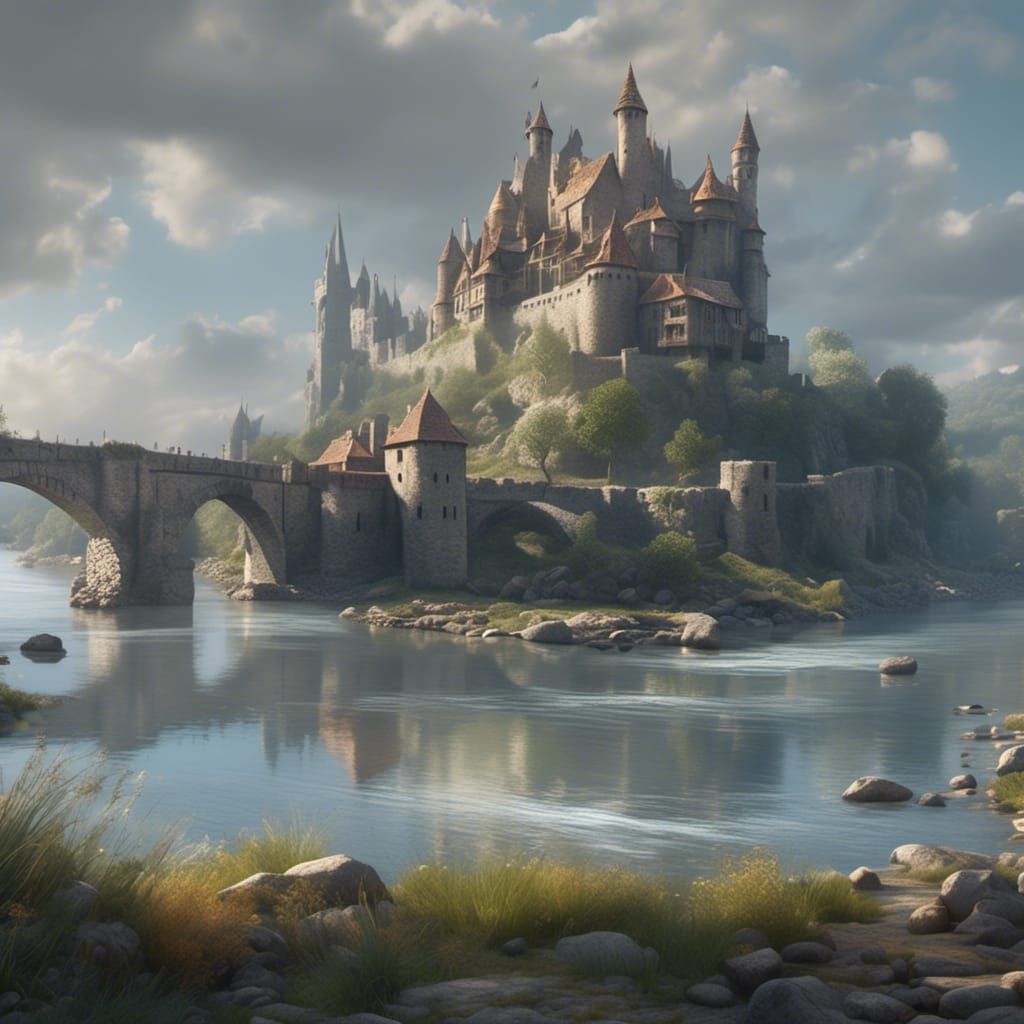 Medieval Fortress on River in Hyperrealistic Photo