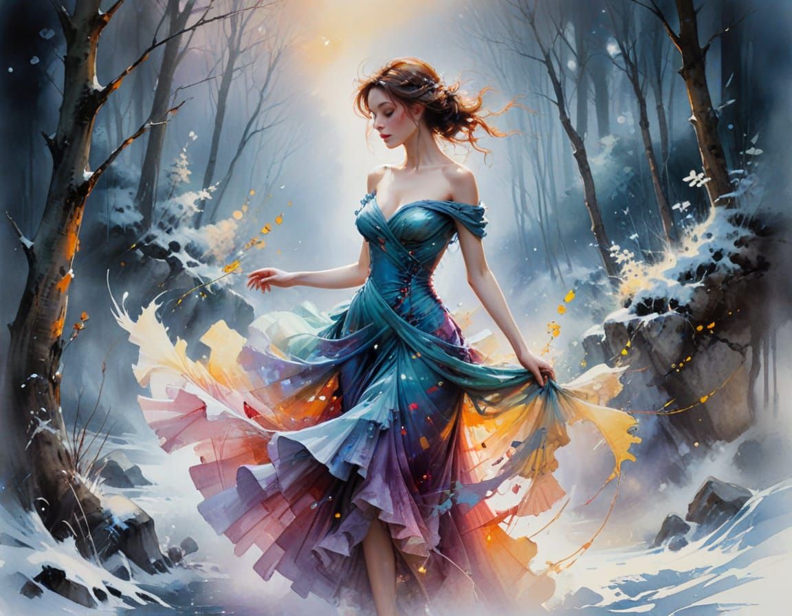 Ethereal Winter Fantasy Landscape in Watercolor Style