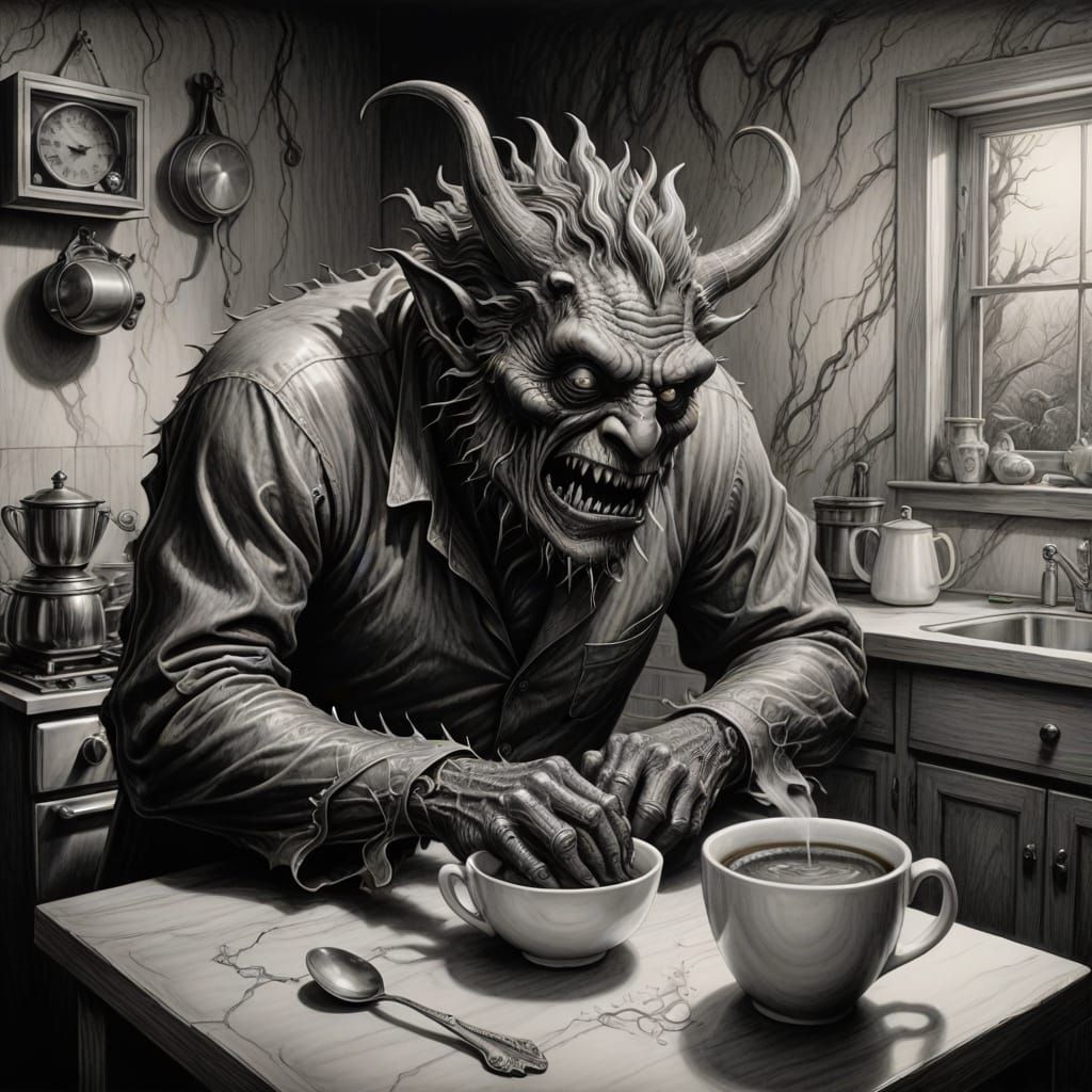 Surreal Monster Jack Rises from Nightmare, Charcoal Drawing