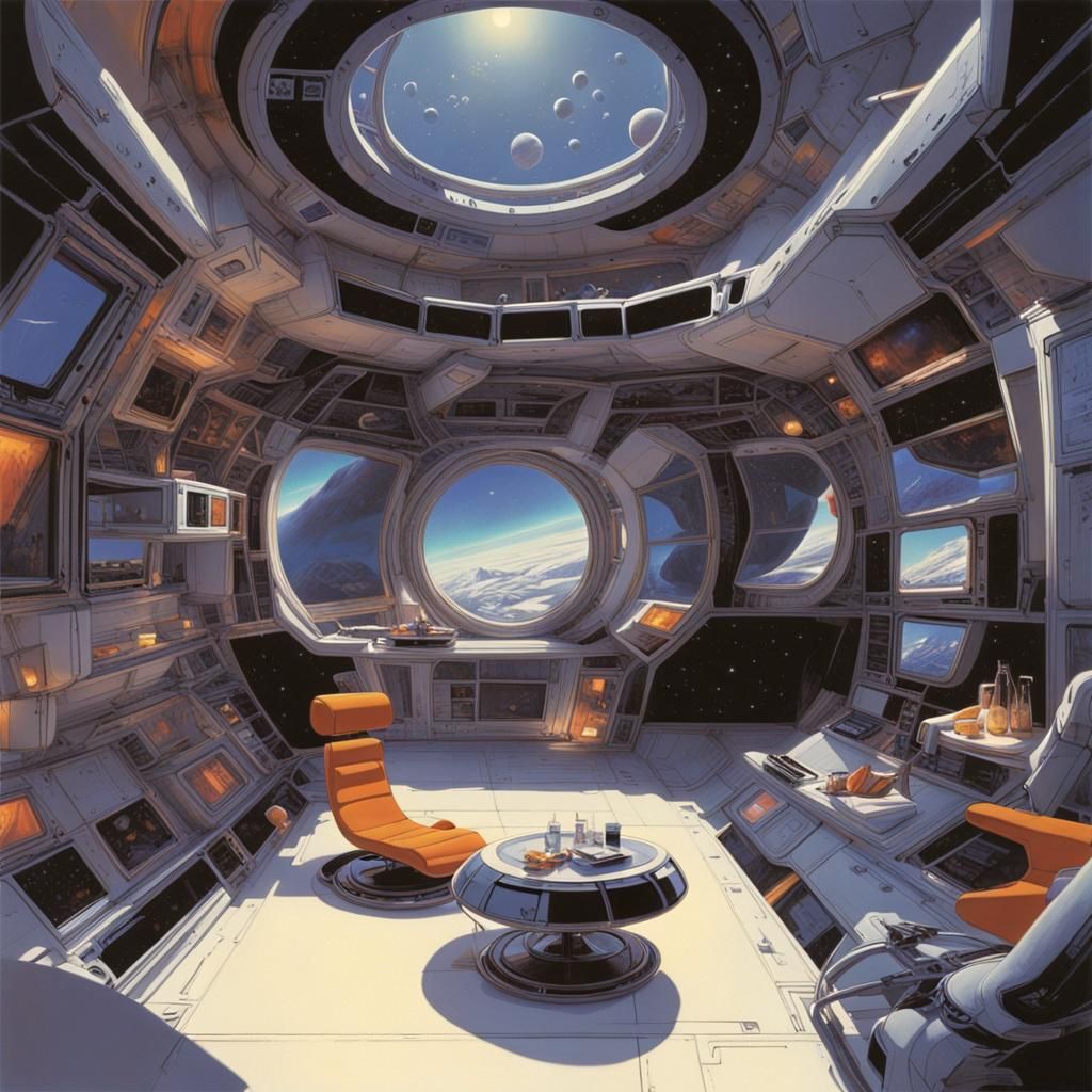 16k resolution, art by Syd Mead, Chris Foss. Zero-gravity living quarters, astronauts floating, compact and futuristic f...