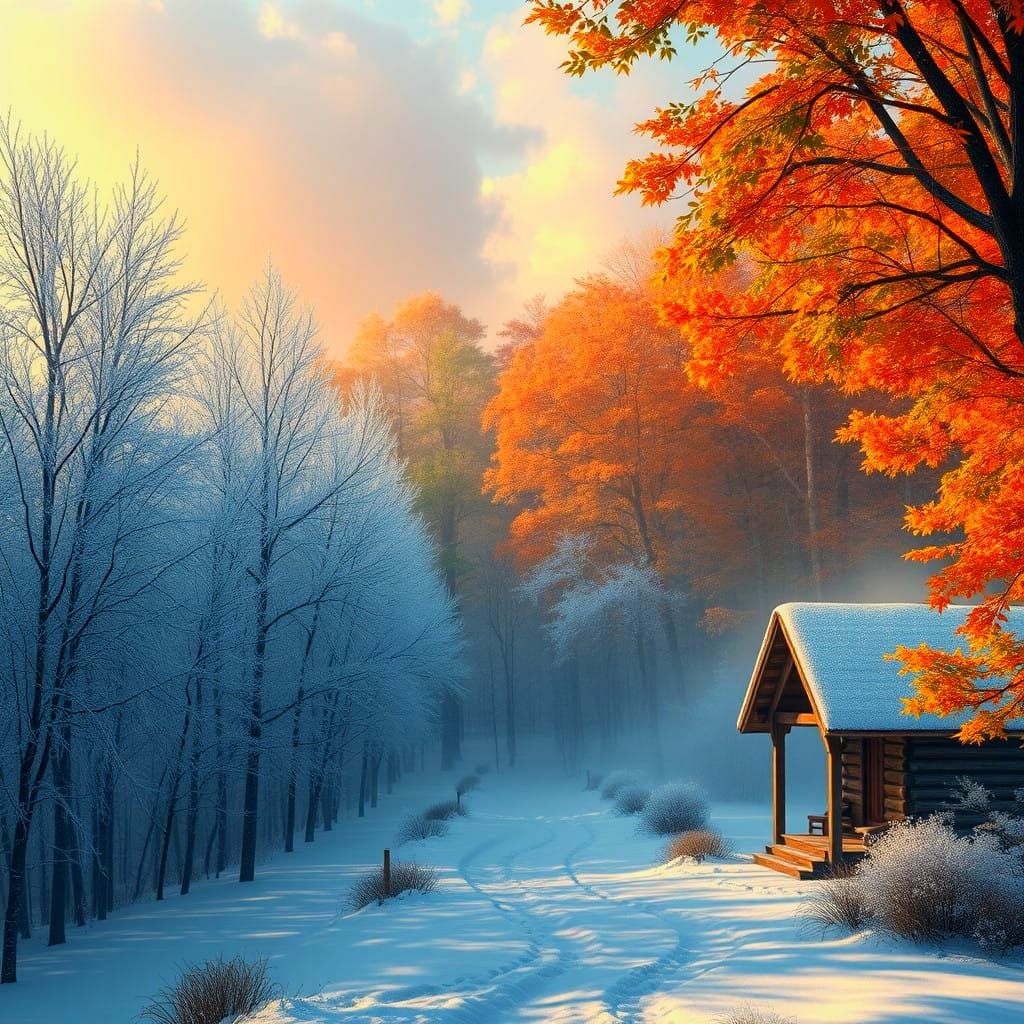 Panoramic Seasons Landscape: Winter to Fall in Ethereal Fant...