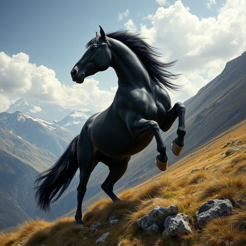 Wild Black Stallion Dominates the Mountain Landscape
