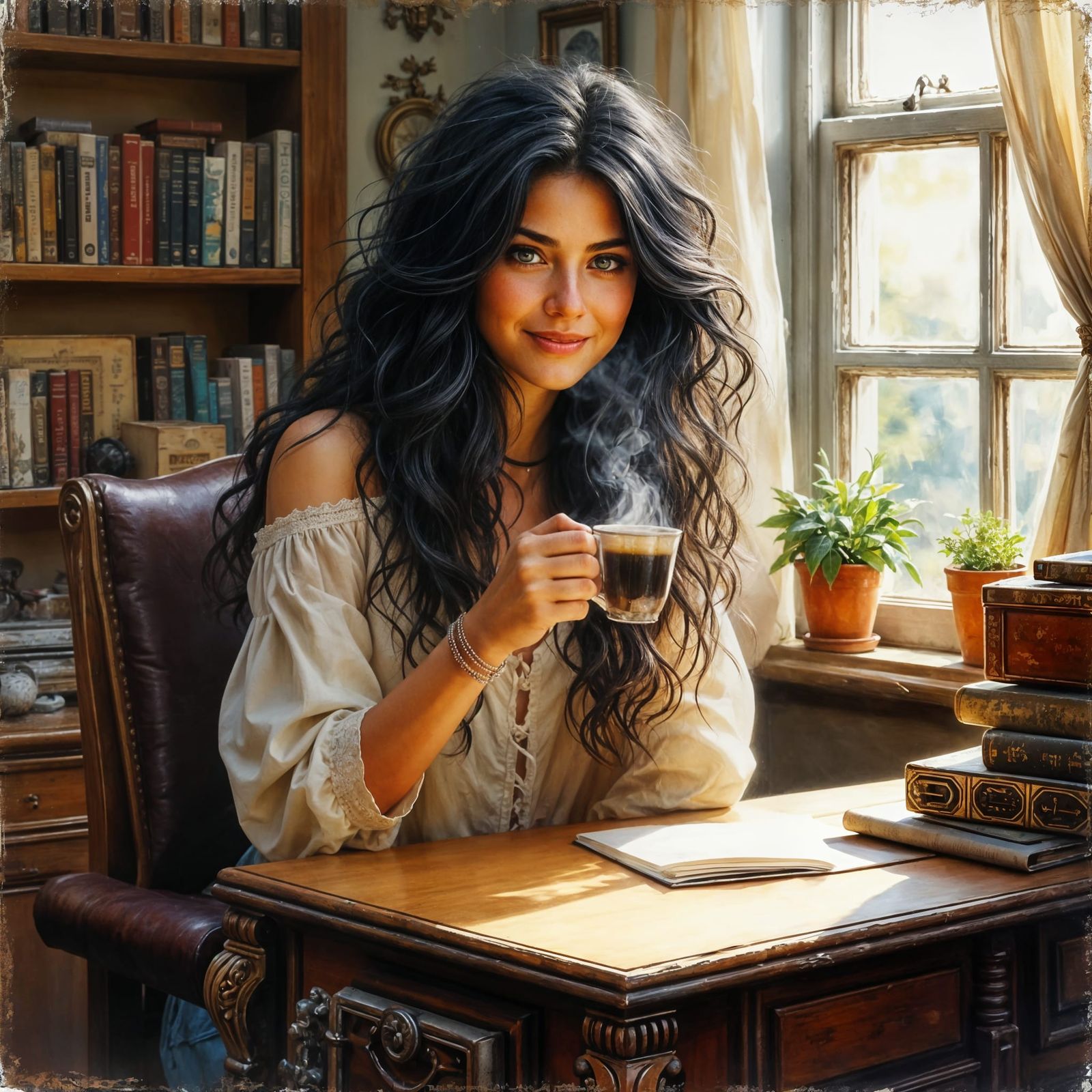 Cowgirl in Office with Coffee and Horse, Watercolor