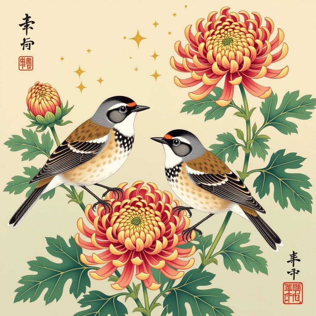 Thrush and Moth on Chrysanthemum Branch in Nihonga Style
