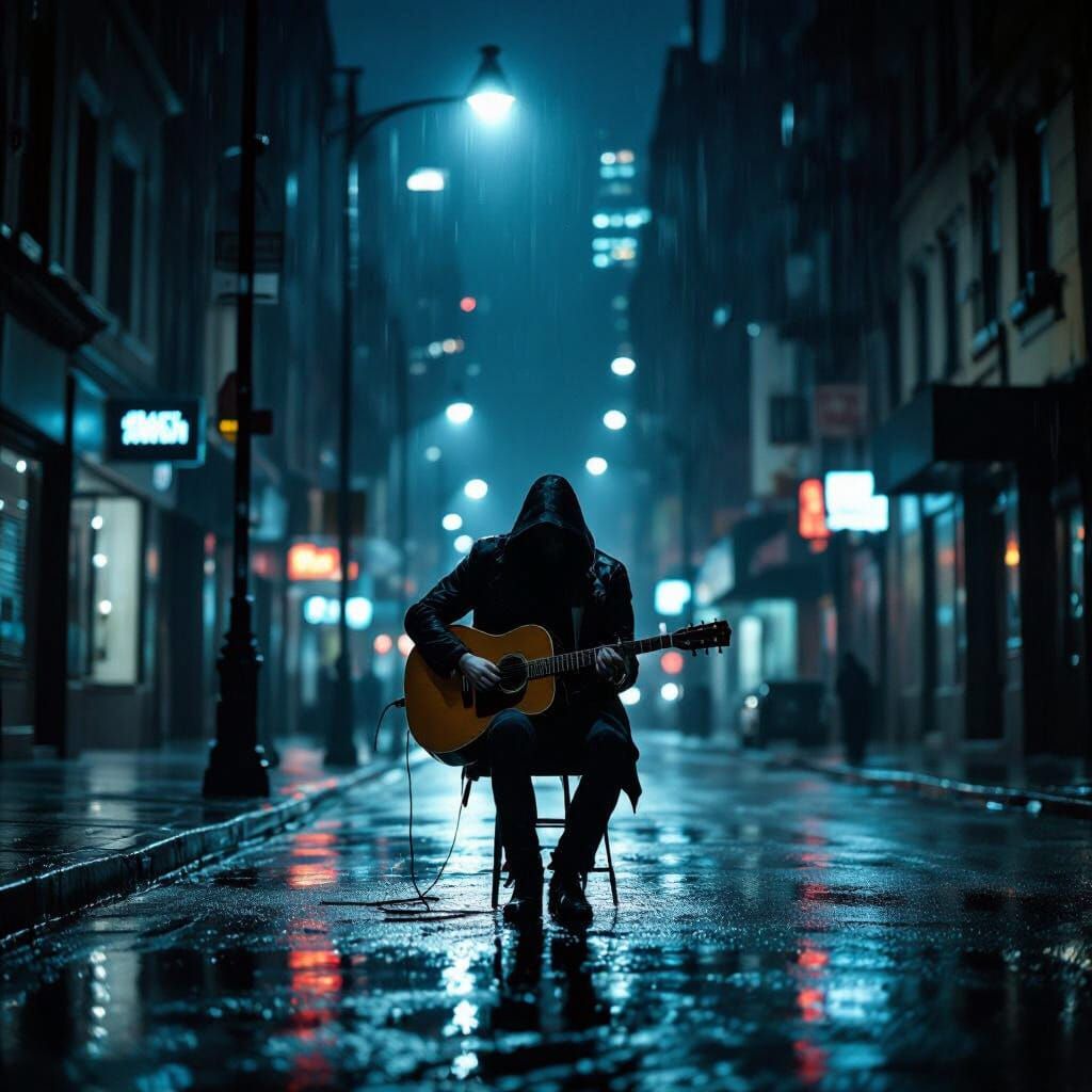 Lone Guitarist in Gritty Film Noir Cityscape