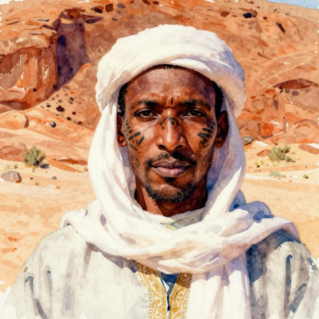 Tuareg Man with Tattoos in Watercolor Style