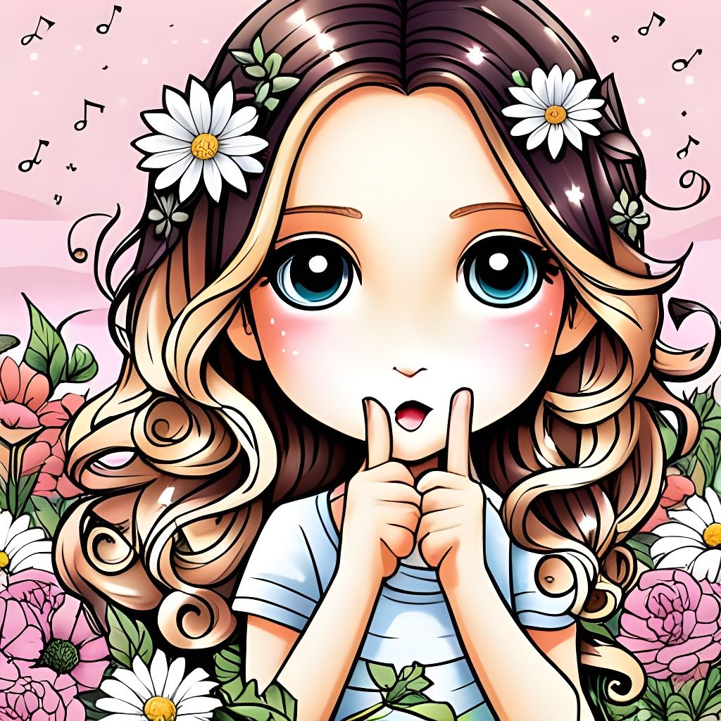 Kawaii Girl Singing: Black and White Line Art