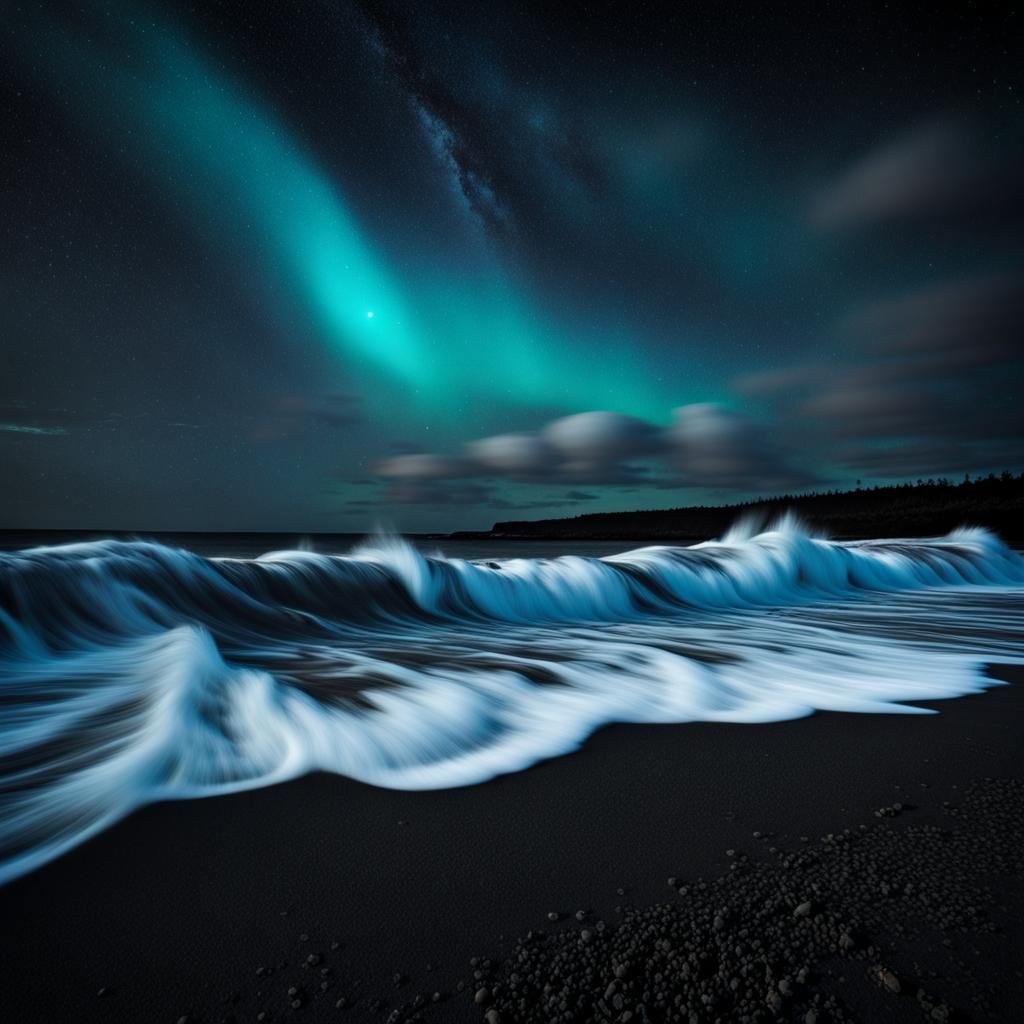 Eerie Teal Glow on Black Sand Beach