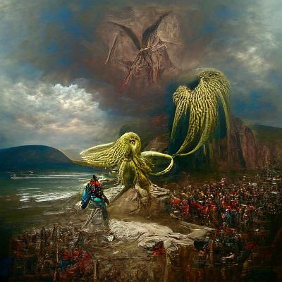 Cthulhu vs Archangel Michael: Doré-esque Oil Painting