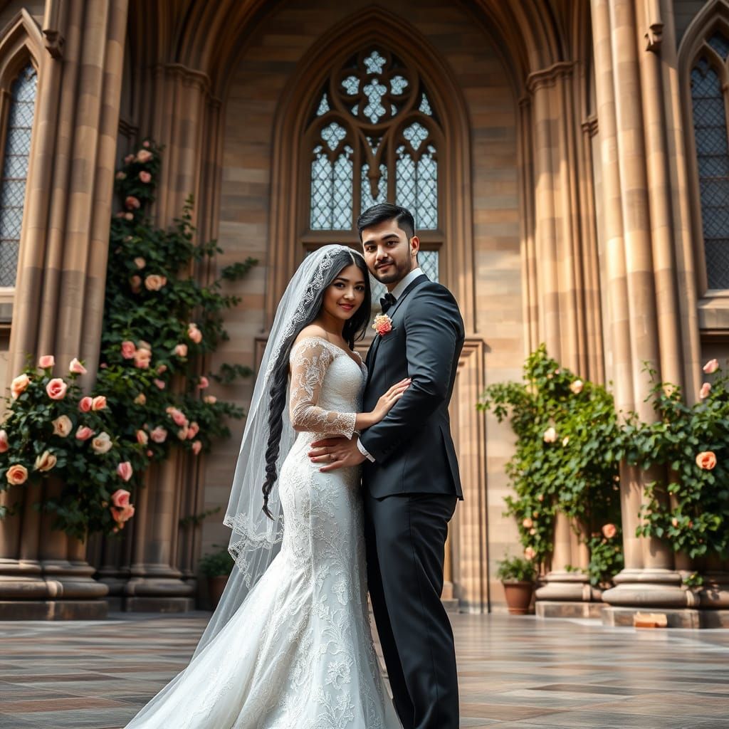 Gothic Cathedral Wedding: Hyperrealistic Bride and Groom