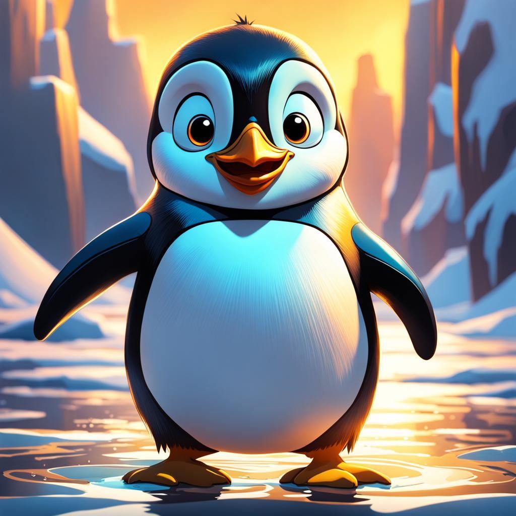 Funny Penguin: 2D Cartoon Art in Golden Hour