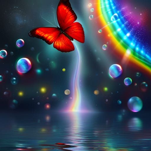 ethereal concept art, trending on art Butterfly and Bubblesand a butterfly floating to heaven in iridescent bubbles, rai...