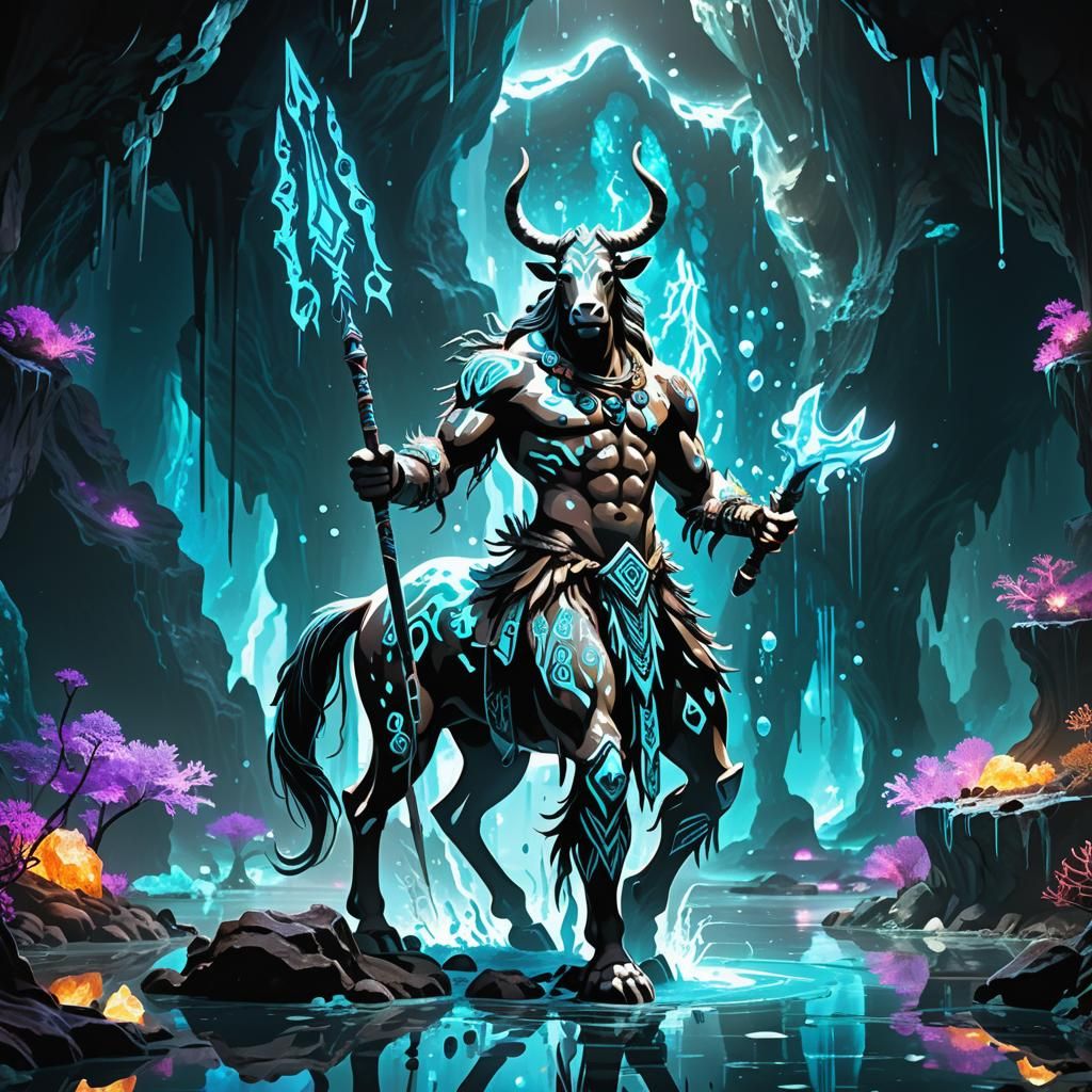 Centaur in Crystalline Cave with Water Elementals