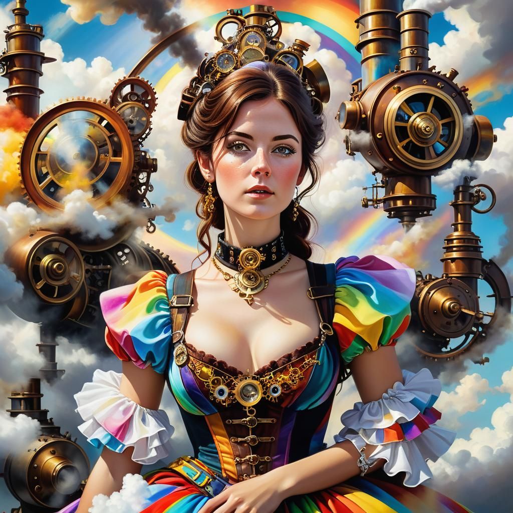 Surreal Steampunk Portrait of Brunette in Rainbow Dress
