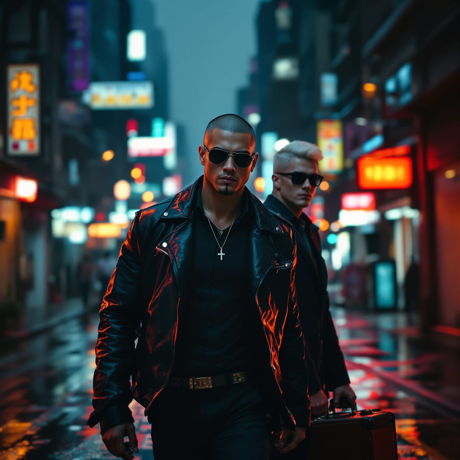 Two Men Walk Through a Seedy City at Night