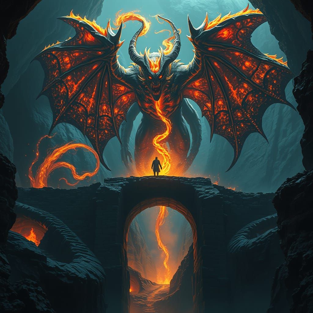Gothic Dark Fantasy Balrog Towers Over Crumbling Bridge in M...