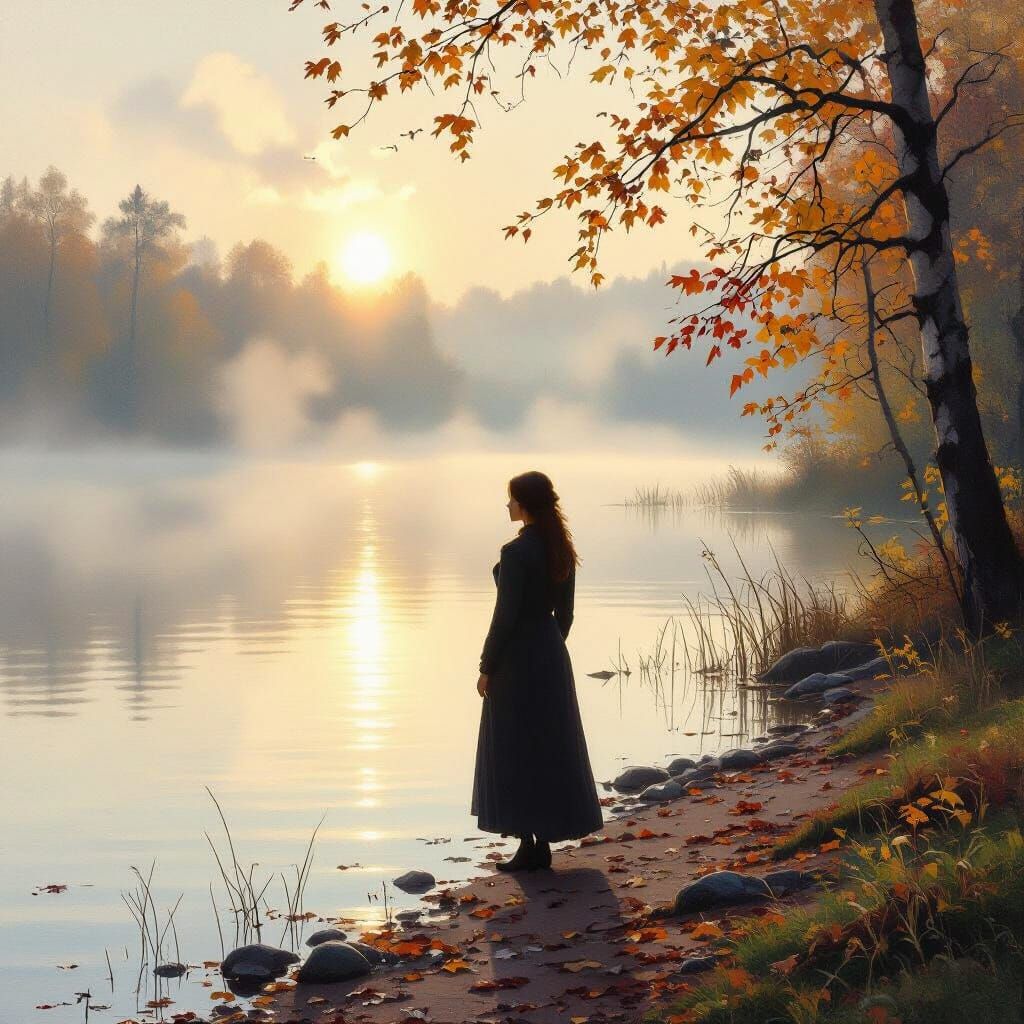 Foggy Autumn Lake: Sunlight Through Mist, in Shishkin Style