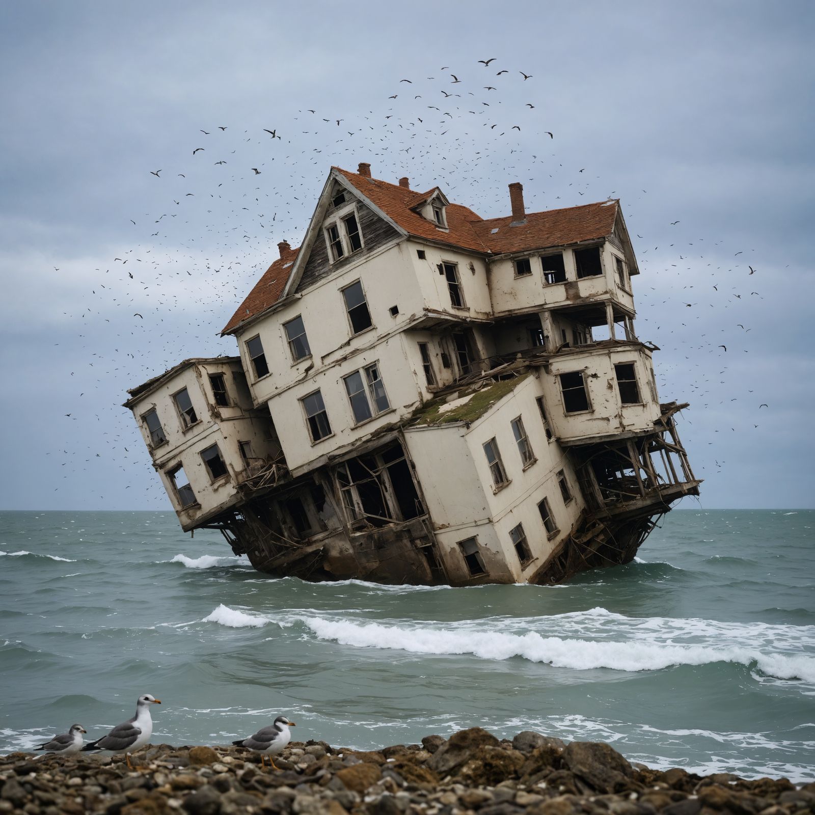 House Sinking Into Ocean With Seabirds