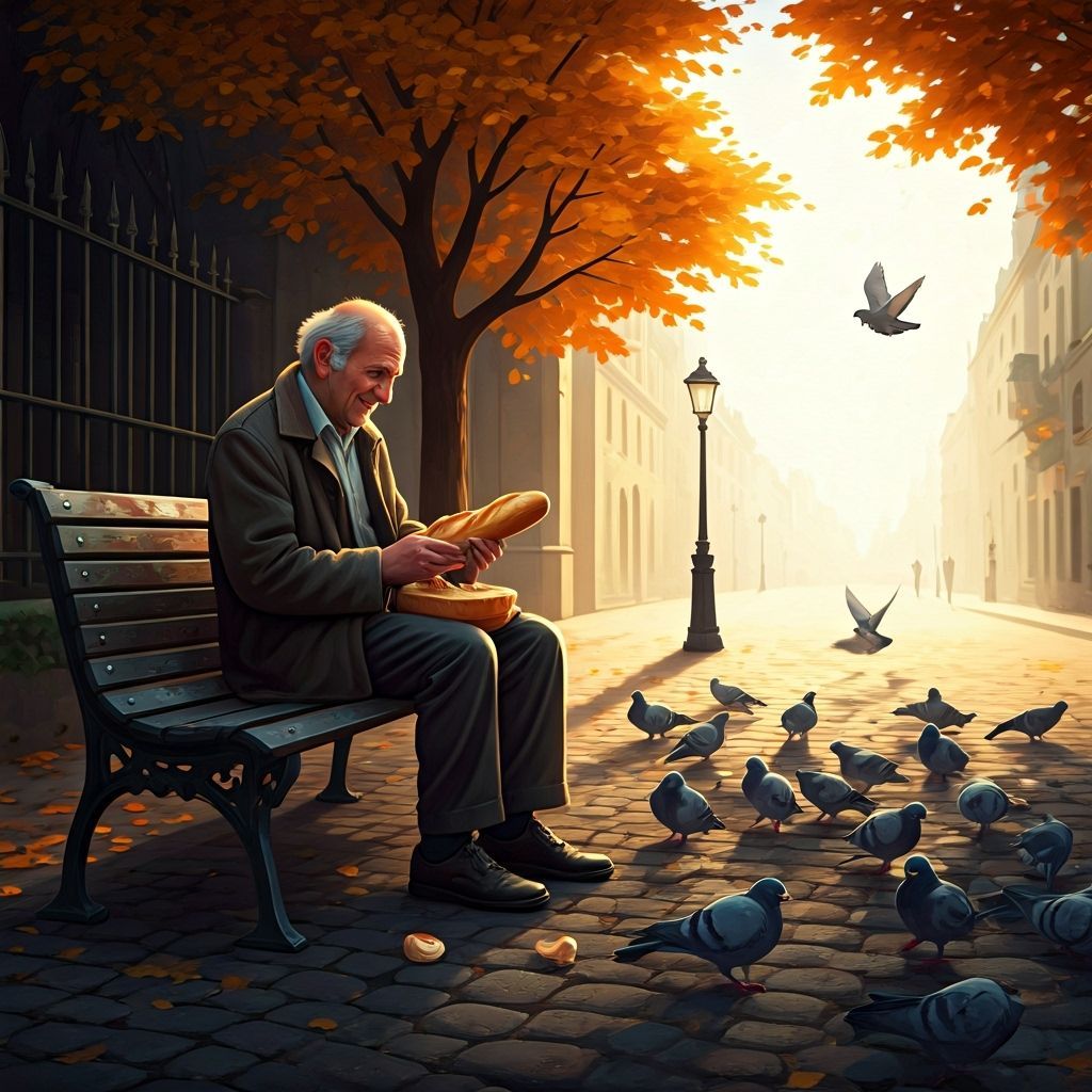 Old Man Feeds Pigeons on Autumn Park Bench