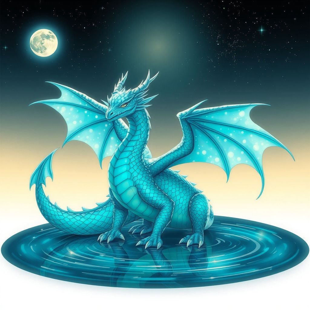 Teal Dragon with Iridescent Scales in Starry Night
