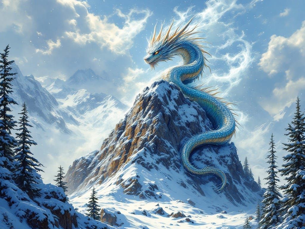 Dragon on Snowy Mountain in Fantasy Realism Style