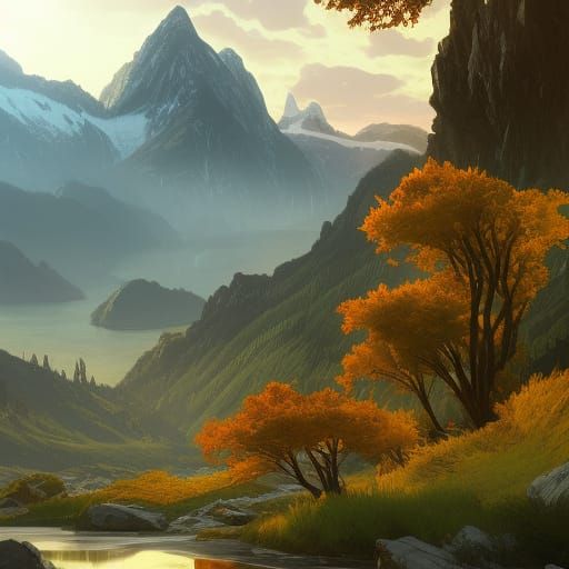 Landscape with Tree, River and Mountain: Concept Art