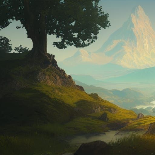 Landscape with Tree, River, and Mountains