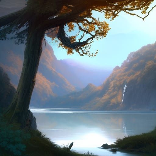 Ethereal Landscape in Triadic Colors with Volumetric Lightin...