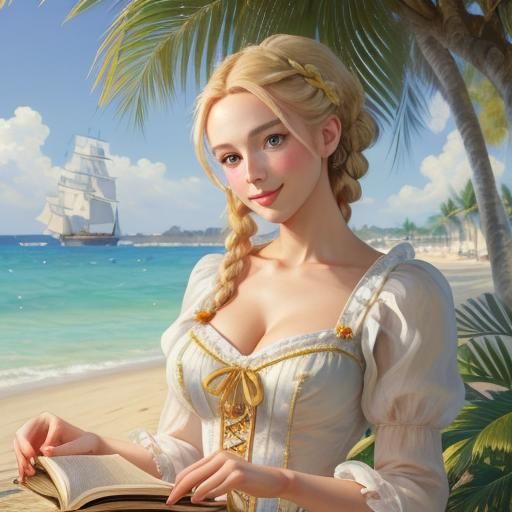 Blonde Woman on Tropical Beach as Neo-Impressionist Art