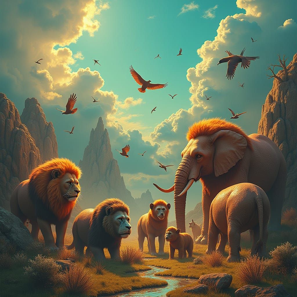 Oiled Animals in Dreamlike Surrealist Landscape