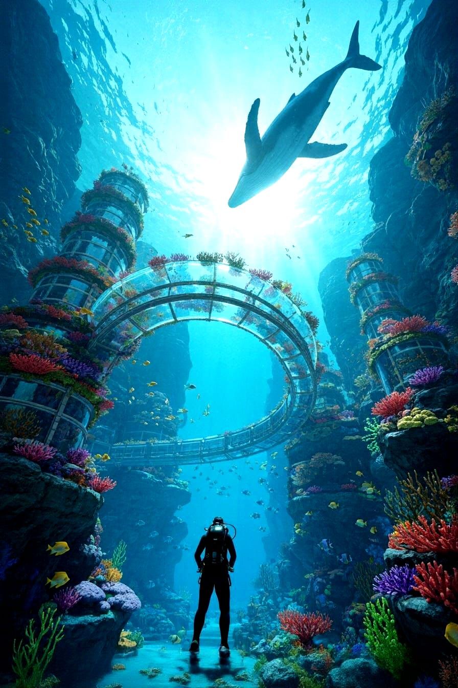 Underwater Glass Bridge in Futuristic Coral City