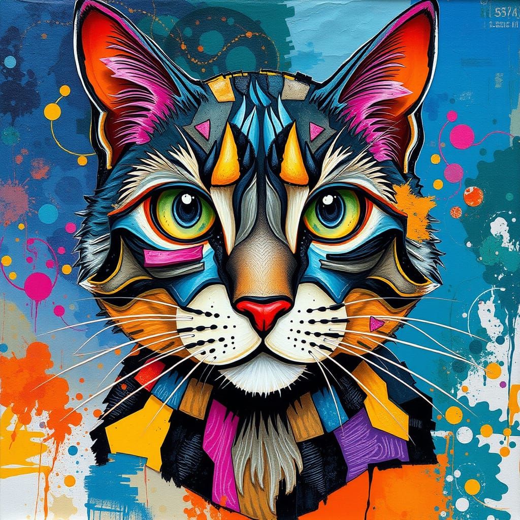 Vibrant Abstract Feline Portrait with Fractal Eyes and Textu...