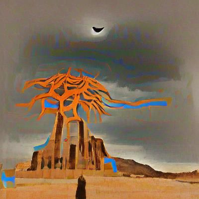 Brutalist Tree of Life in Desert Landscape
