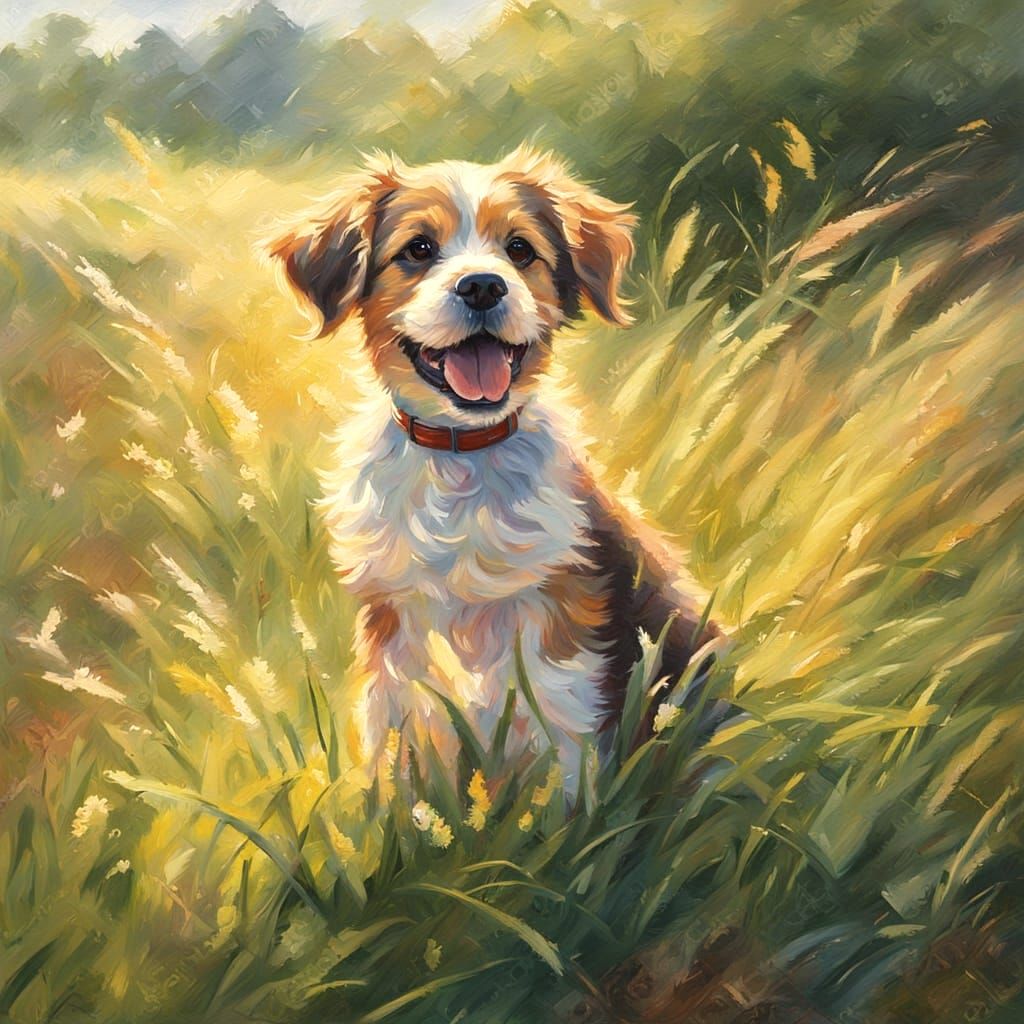 Joyful Puppy in Whimsical Oil Painting
