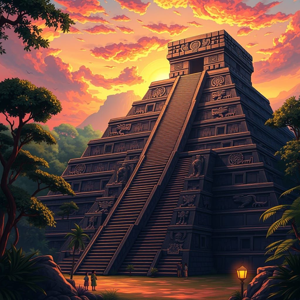 Majestic Mesoamerican Pyramid in Vibrant Anime Style