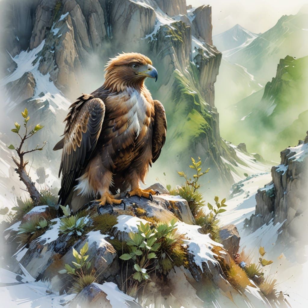 Golden Eagle Chick in Alpine Dawn, Watercolour Style